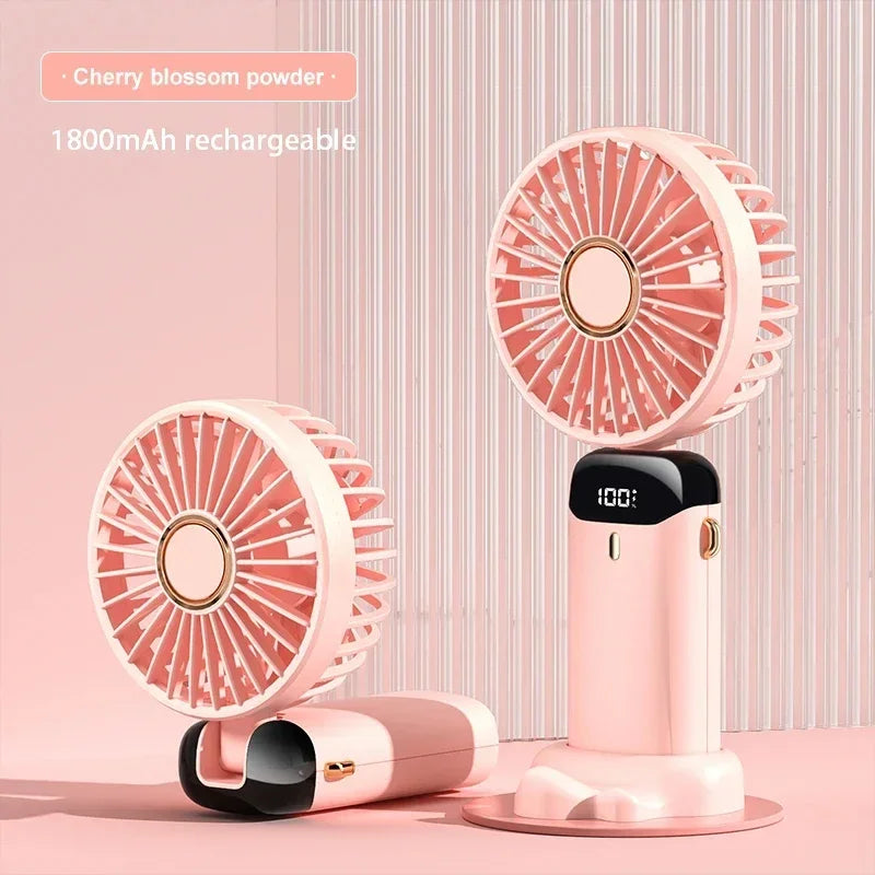 Portable Handheld Mini Fan Foldable Neck Hanging Fans 5 Speed USB Rechargeable Fan With Phone Stand and Display Screen 1800mAh