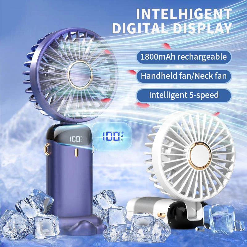 Portable Handheld Mini Fan Foldable Neck Hanging Fans 5 Speed USB Rechargeable Fan With Phone Stand and Display Screen 1800mAh